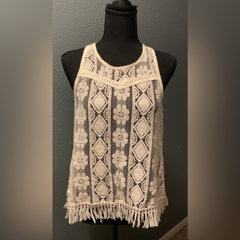 Ivory Lace Racerback Fringed Tank Unlined - Picture 2 of 6